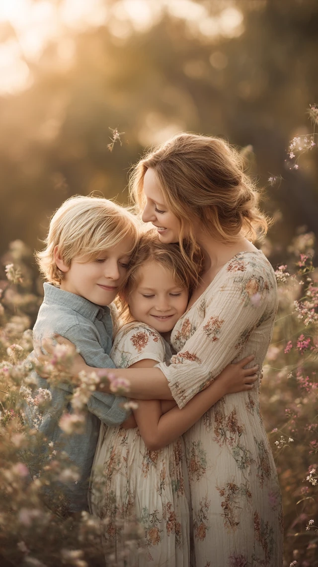Loving Mother and Children Embrace Outdoors in Golden Hour