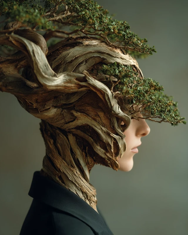 Woman with Bonsai Tree Surreal Photo Realistic Art