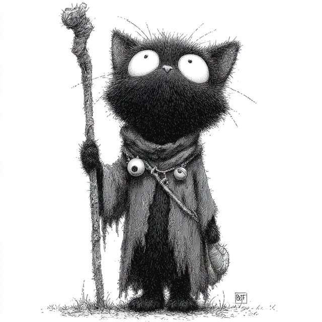Cat Druid with Googly Eye Staff Fantasy Art
