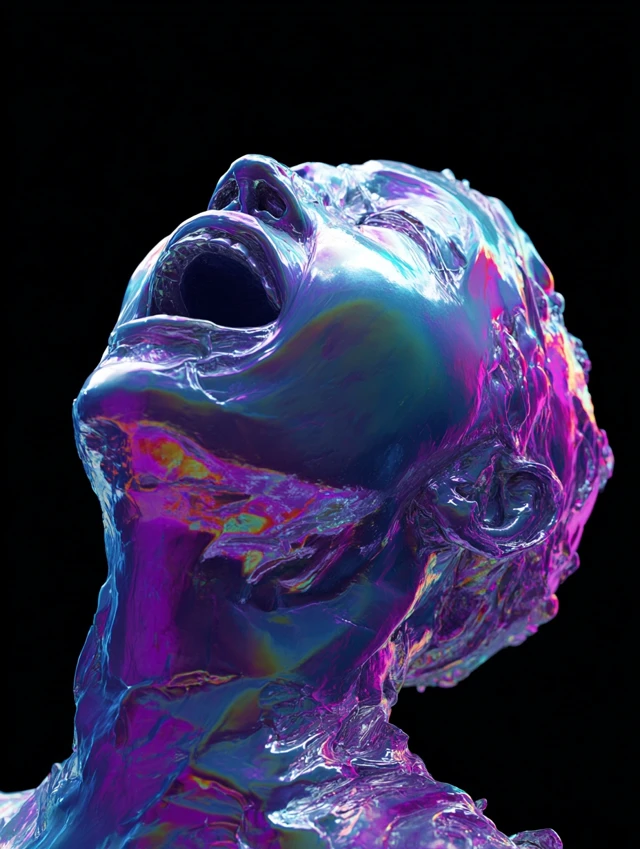 Iridescent Liquid Human Figure Against Black Background