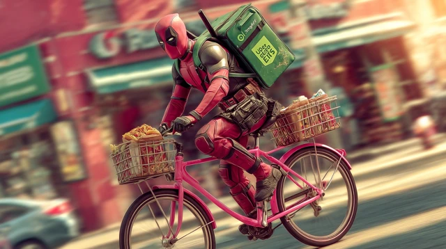 Deadpool Delivers Tacos on a Pink Bike