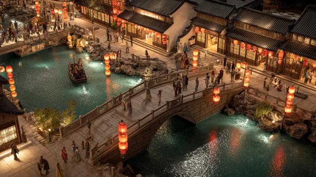 Ancient China Night Scene River Bridge Market 8K