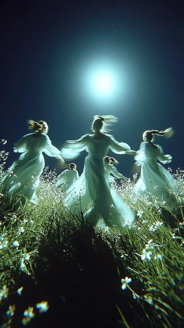 Witches Dancing Moonlight Dreamy Night Scene