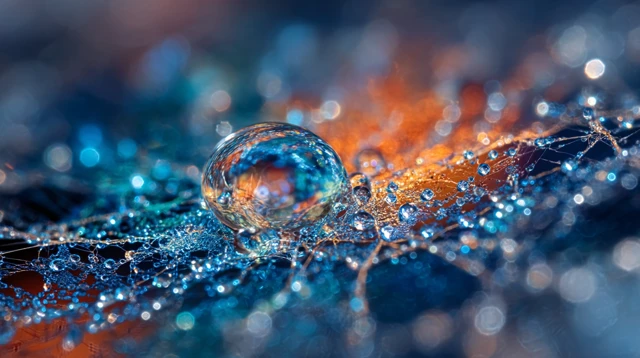 Water Droplet on Spiderweb Blue Orange Hues