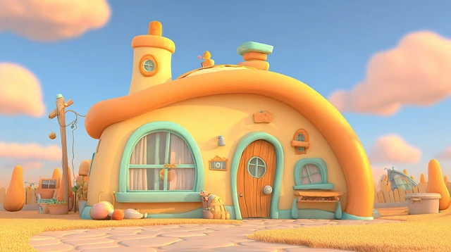 Cozy Pixar House Exterior Pastel Colors Sunny Sky