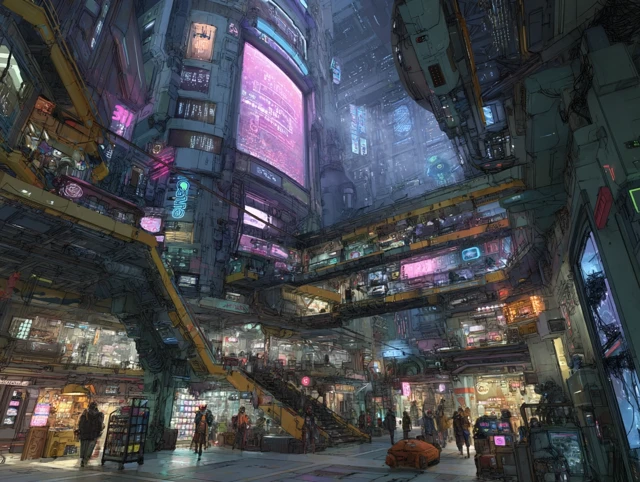 Cyberpunk Cortex Bazaar Marketplace Illustration