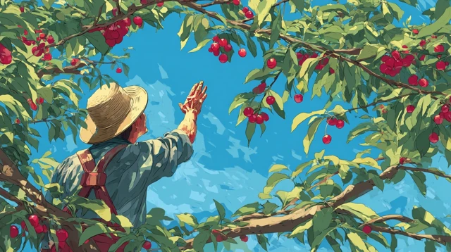 Cheerful Asian Man in Orchard Vector Illustration