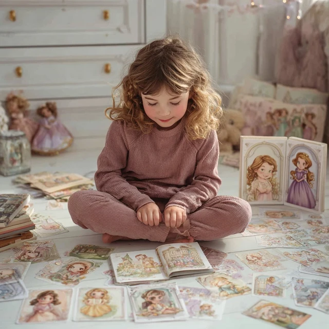 Little Girl Enjoys Princess Stickers And Notebooks