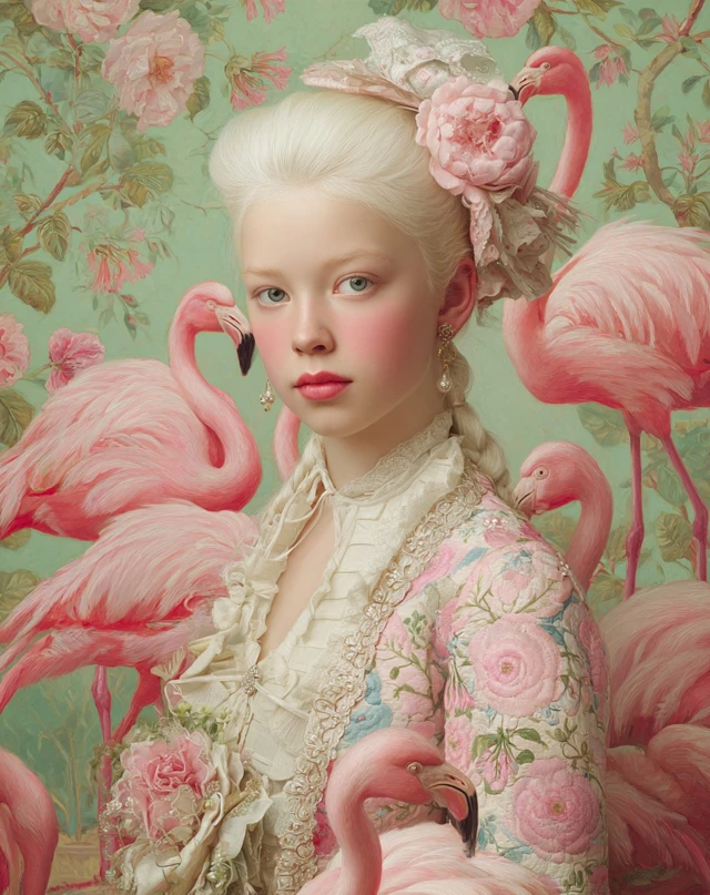 Rococo Portrait Albino Girl Flamingos Pastel Tones