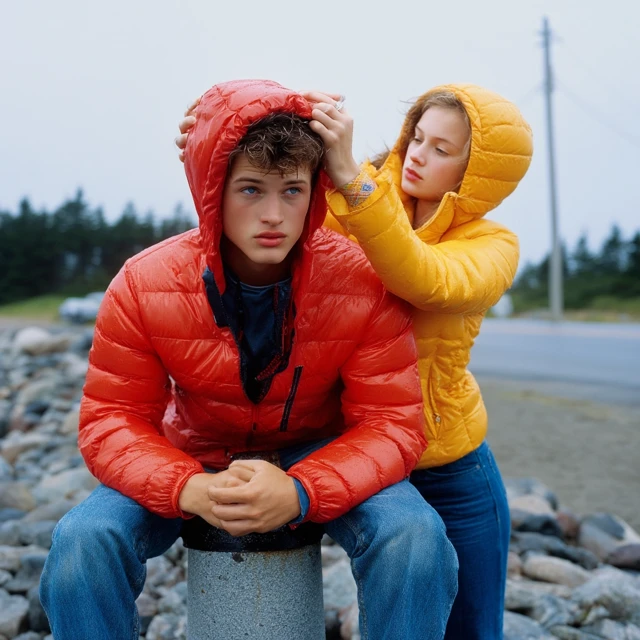 Young Couple on Beach: Bright Jackets and Rainy Day