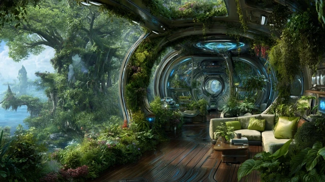 Futuristic Greenhouse Interior: Lush Plants and Sci-Fi Design