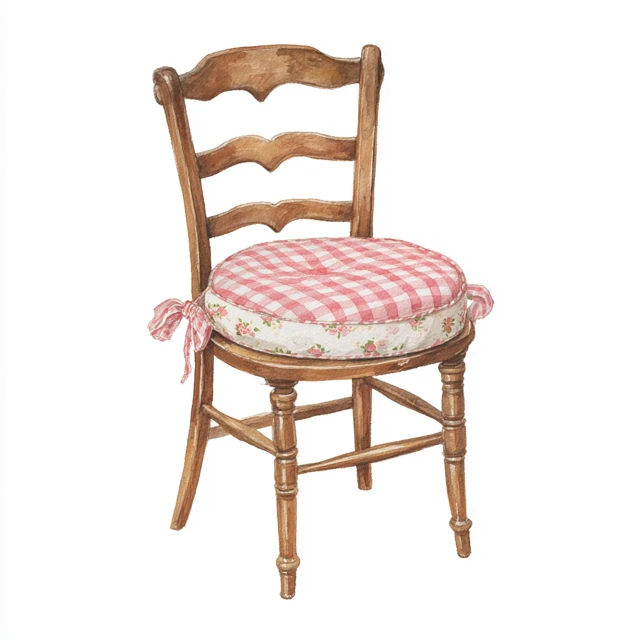 Watercolor Painting Wooden Chair with Red Checkered Cushion