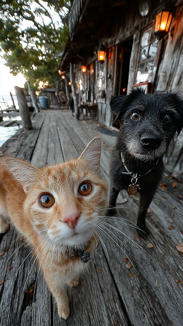 Rustic Cabin with Cat and Dog Sunrise Scene