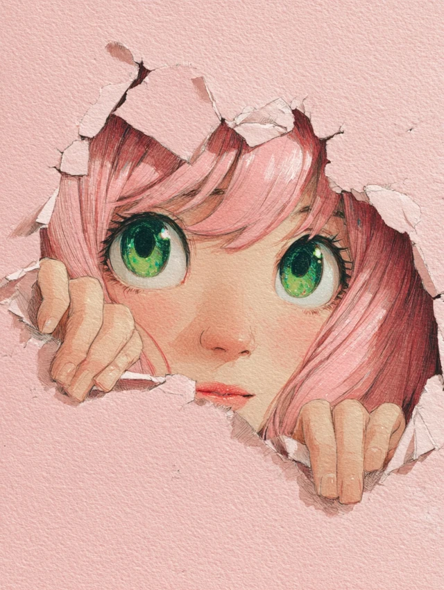 Anya Spy Family Peeking Through Paper Colored Pencil Drawing