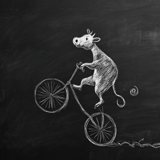 Cow on a Bicycle Chalk Sketch Wheelie