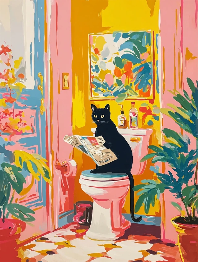 Black Cat Reading Newspaper in Bathroom Art