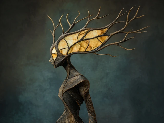 Haunting Deer Woman Wood and Glass Sculpture