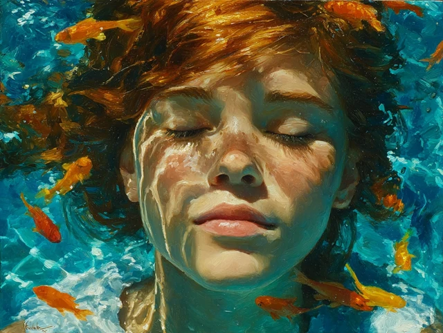 Underwater Serenity Oil Painting of a Girl with Fish