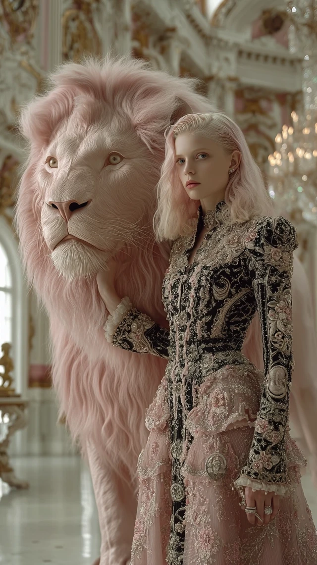 Fantasy Scene Woman and Lion in Pastel Palace