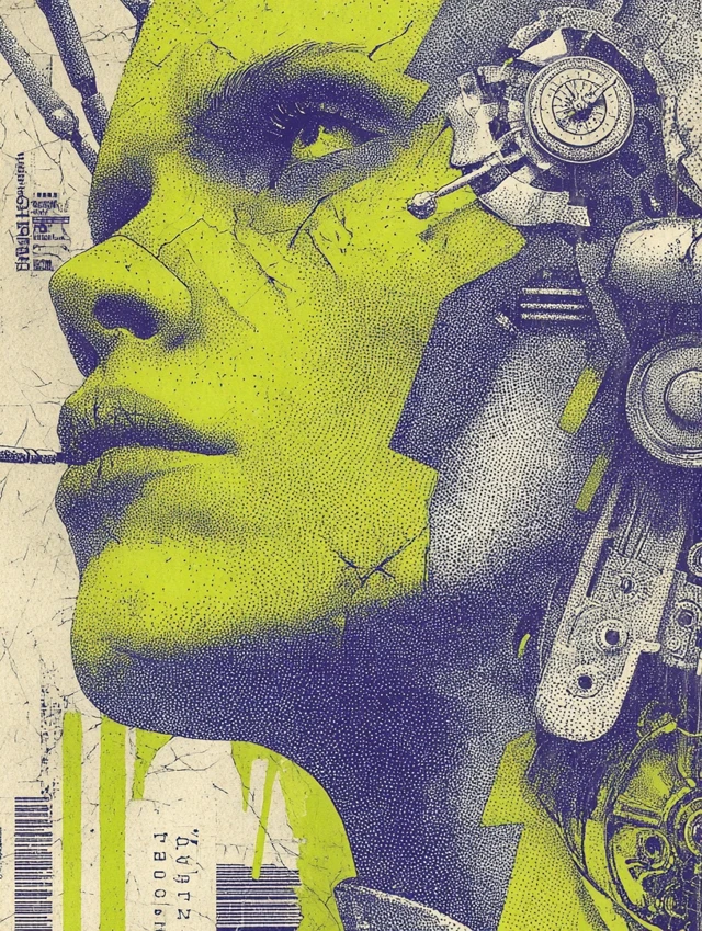 Cyberpunk Humanoid Stippling Art Lime Green Purple