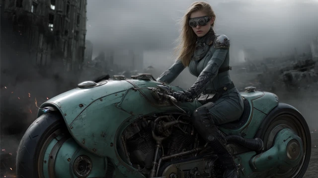 Dieselpunk Woman on Armored Bike Industrial Ruins