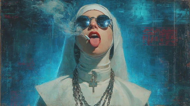 Cyberpunk Nun Smoking Chains and Laughing