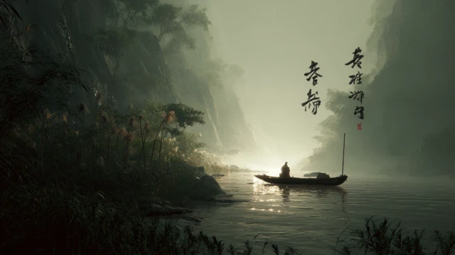Chinese Landscape Painting Misty River and Ancient Boat