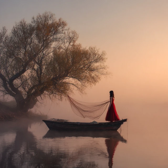 Surreal Photography Woman in Red Dress on Boat