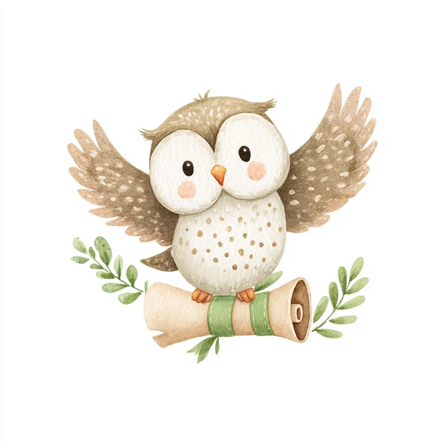 Cute Watercolor Owl with Scroll Halloween Illustration