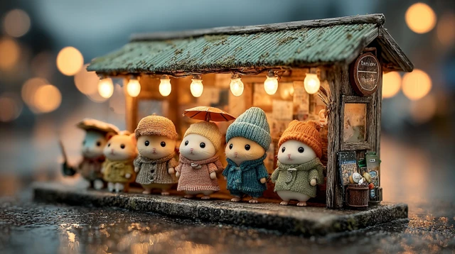 Rainy Evening Hamsters at Bus Stop Diorama