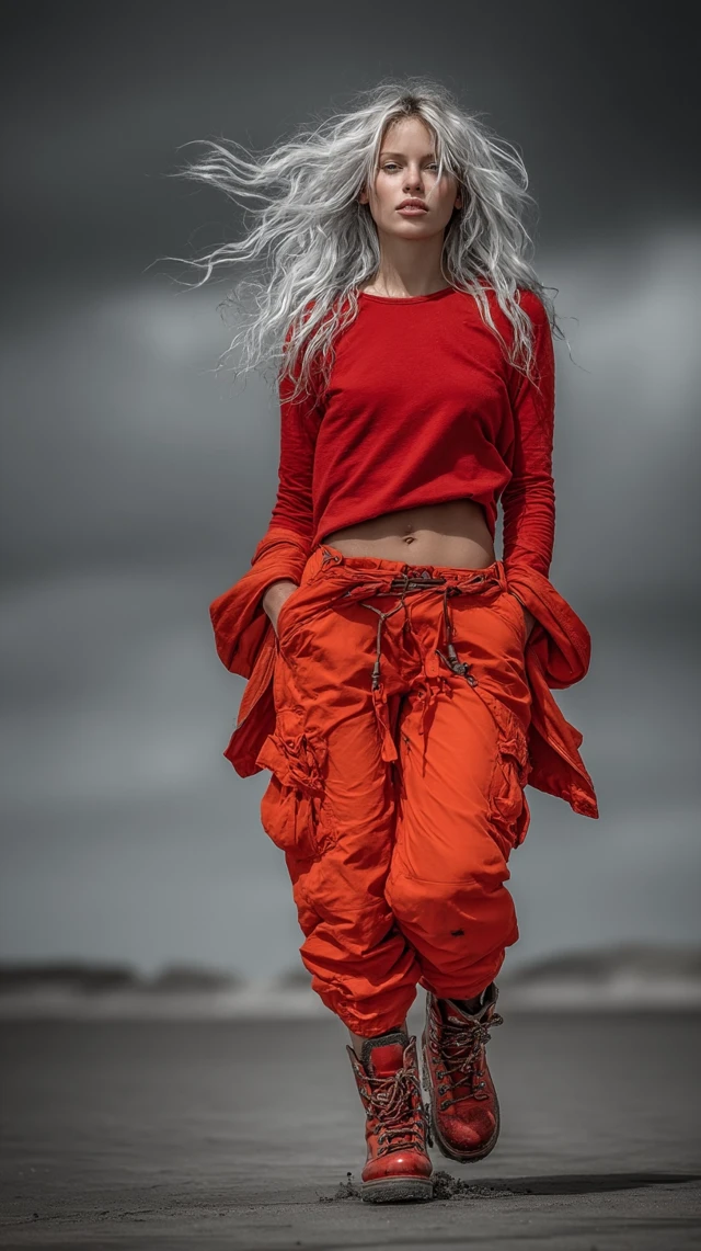 Woman in Red Walking on Stormy Beach