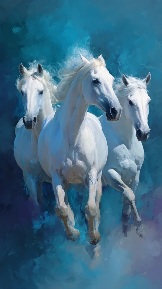 White Horses Running Abstract Blue Background