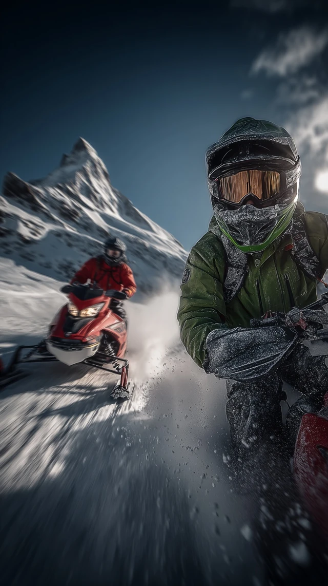 Snowmobiles in the Mountains Action Shot