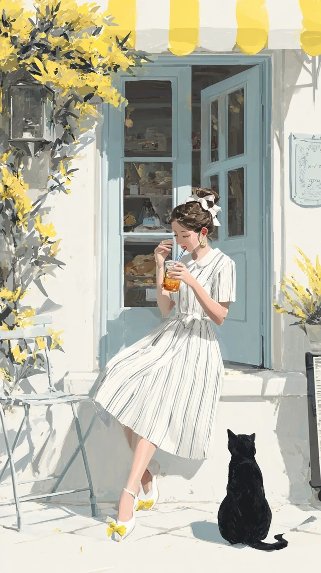 Girly Bakery Scene Woman Cat Gorse Illustration