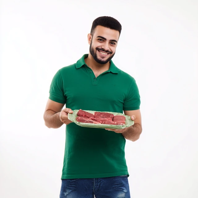 Arabian Man Smiling Holding Raw Meat