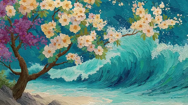 Ocean Wave Painting Blooming Spring Tree