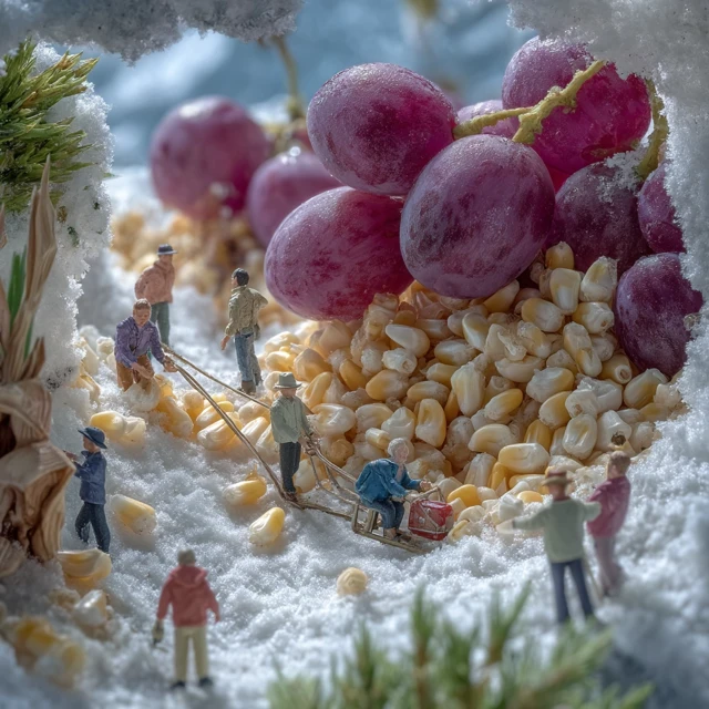 Miniature Scene: Corn Harvest in Snowy Landscape