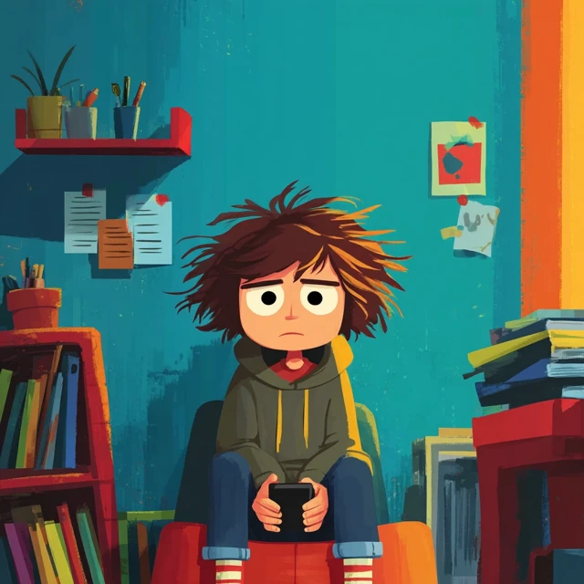 Anime Illustration Teenager Looking at Smartphone