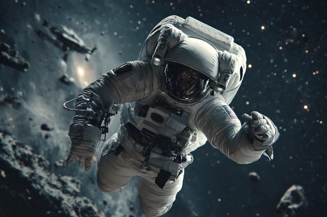 Astronaut and Spaceship in Deep Space