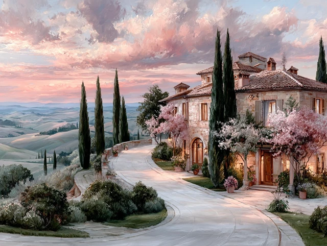 Tuscan Countryside Painting with Farmhouse and Sunset