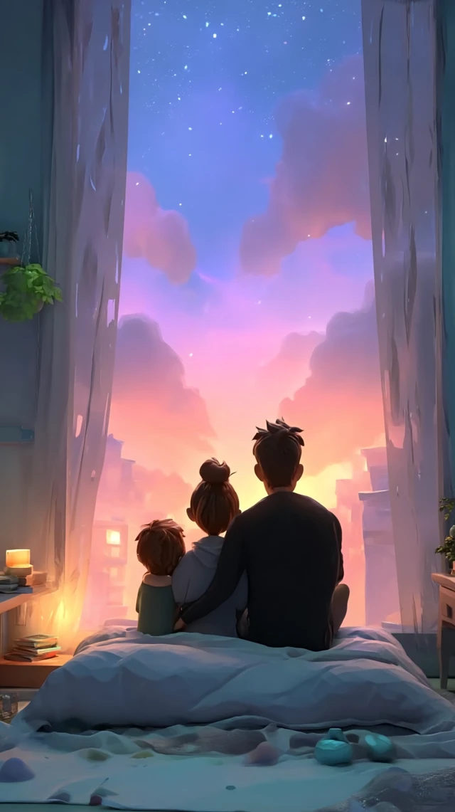 Family Watching the Sunset Together 3D Render