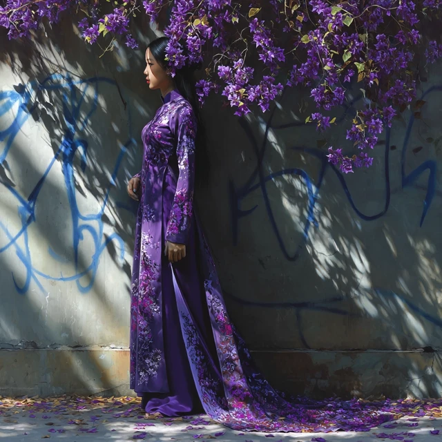Vietnamese Woman in Ao Dai Violet Flowers Photo