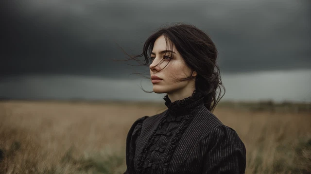 Victorian Woman In Field Stormy Day