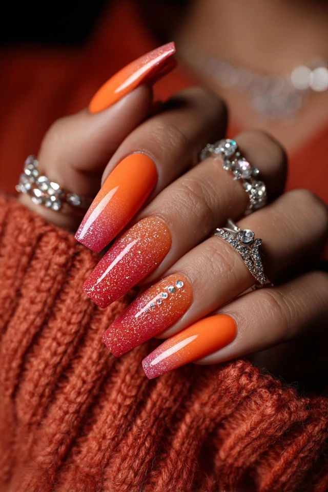 Glam Ombre Coffin Nails Rhinestone Glitter Details