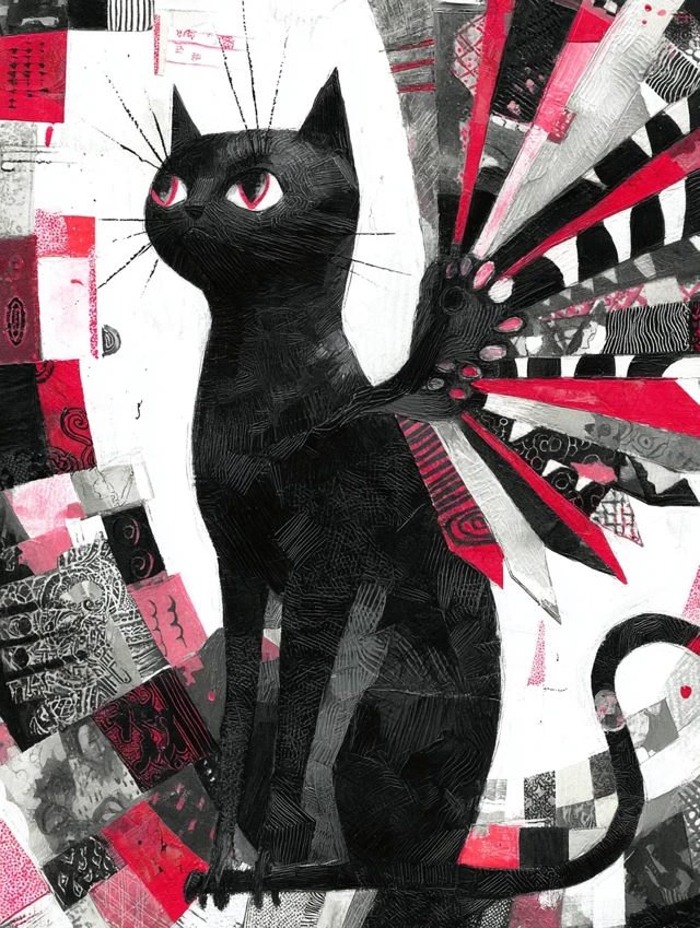 Winged Cat Dada Surrealism Black White Crimson