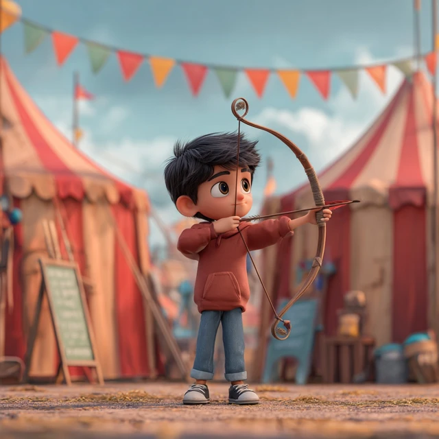 Pakistani Cartoon Boy Archery at Carnival Pixar Style