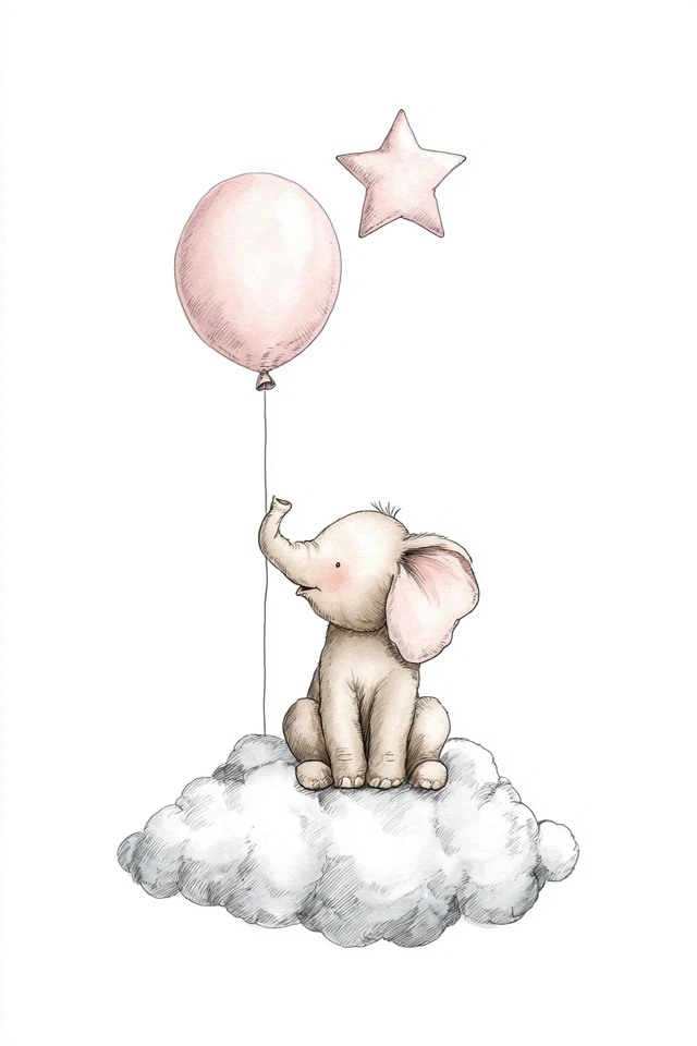 Cute Elephant on Cloud with Balloon and Star