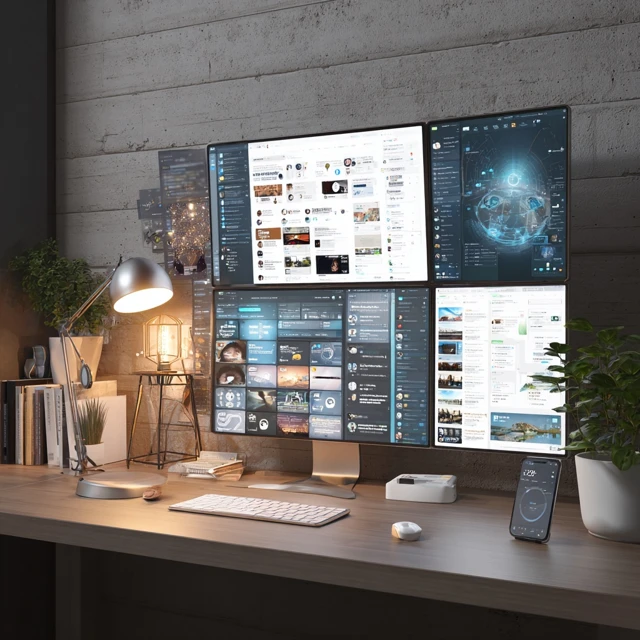 Modern Workspace with Multiple Monitors and Gadgets