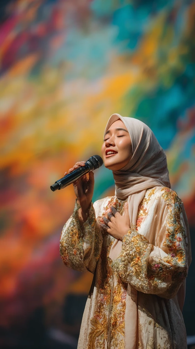 Indonesian Singer on Stage in Traditional Dress