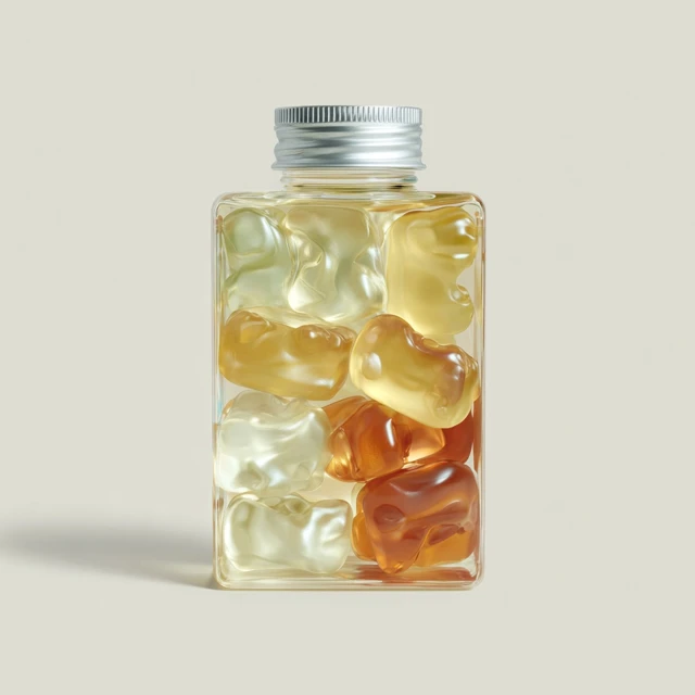 Transparent Square Bottle with Gummies Cosmetic Product